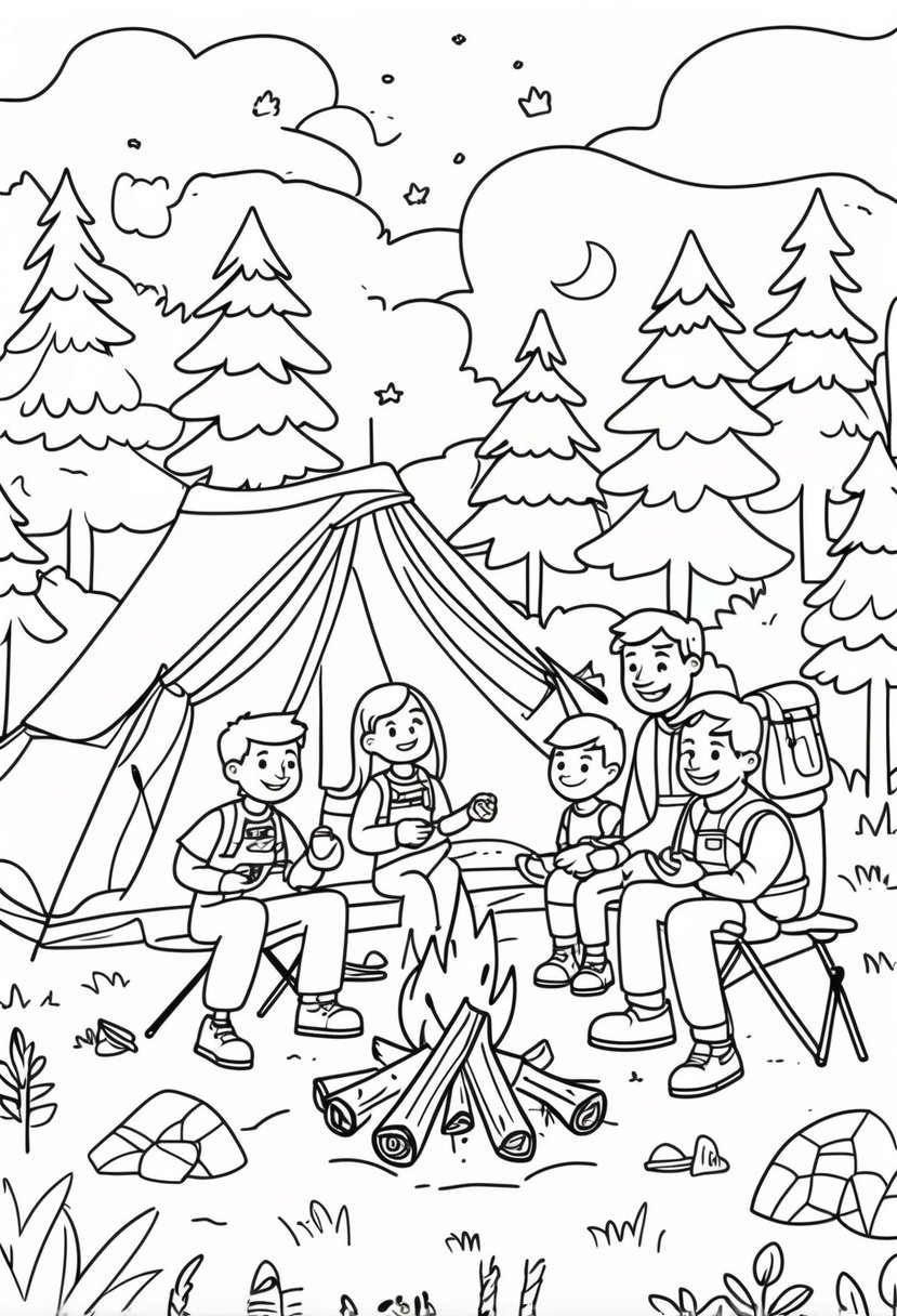 Family Coloring Pages 16 Fun and Creative Designs for All Ages 31 A family of four camping outdoors with a tent, campfire, trees, and camping gear.